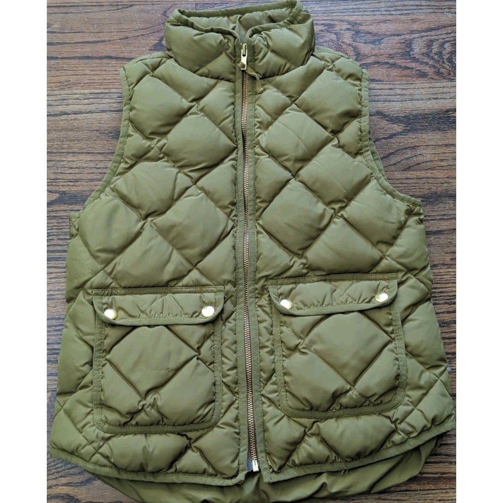 J Crew Puffer Vest Women Olive Green Quilted Down Full Zip Gold Buttons Sz S Pet